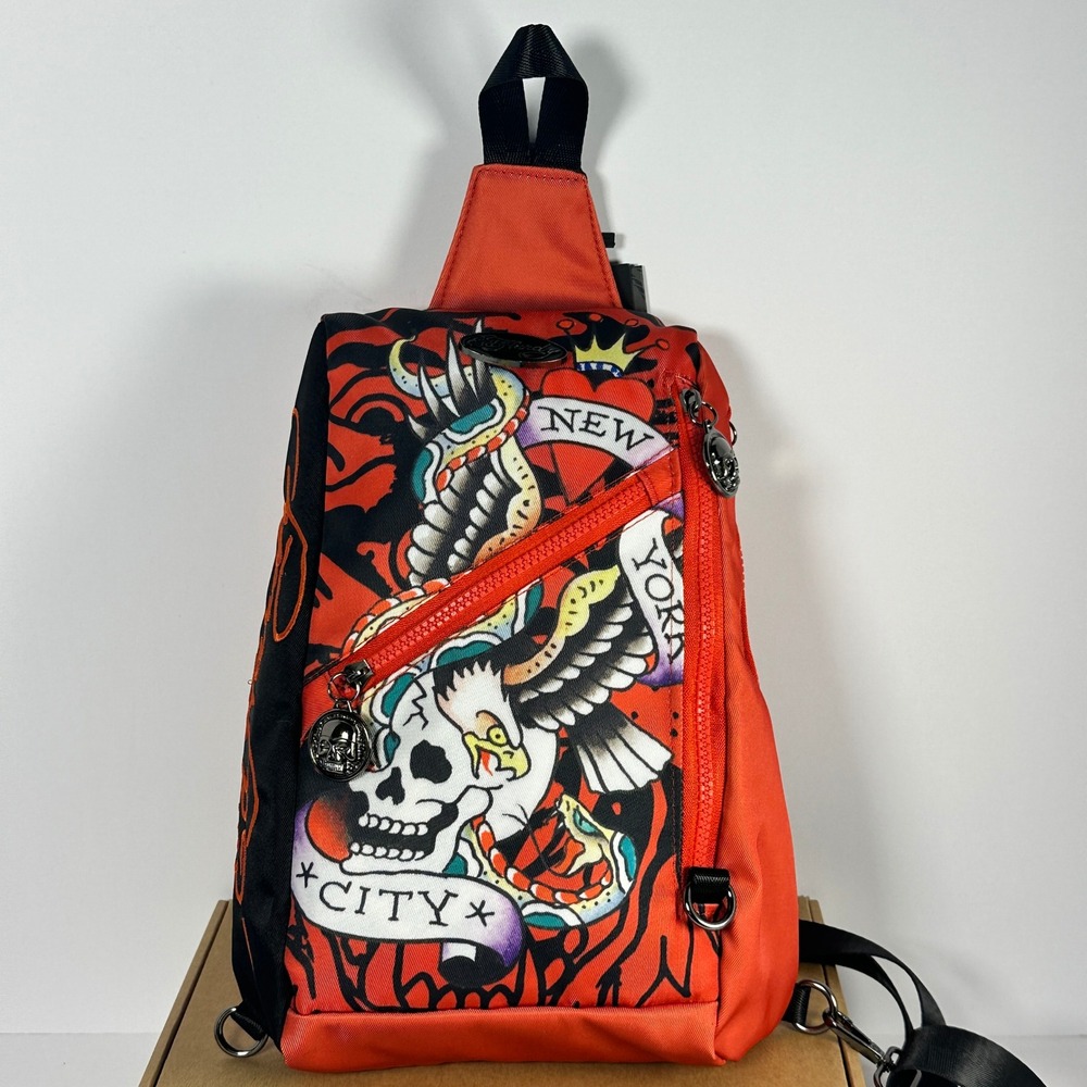 Ed Hardy Sling Backpack Unisex Red Black New York City Skull Eagle Tattoo NWT